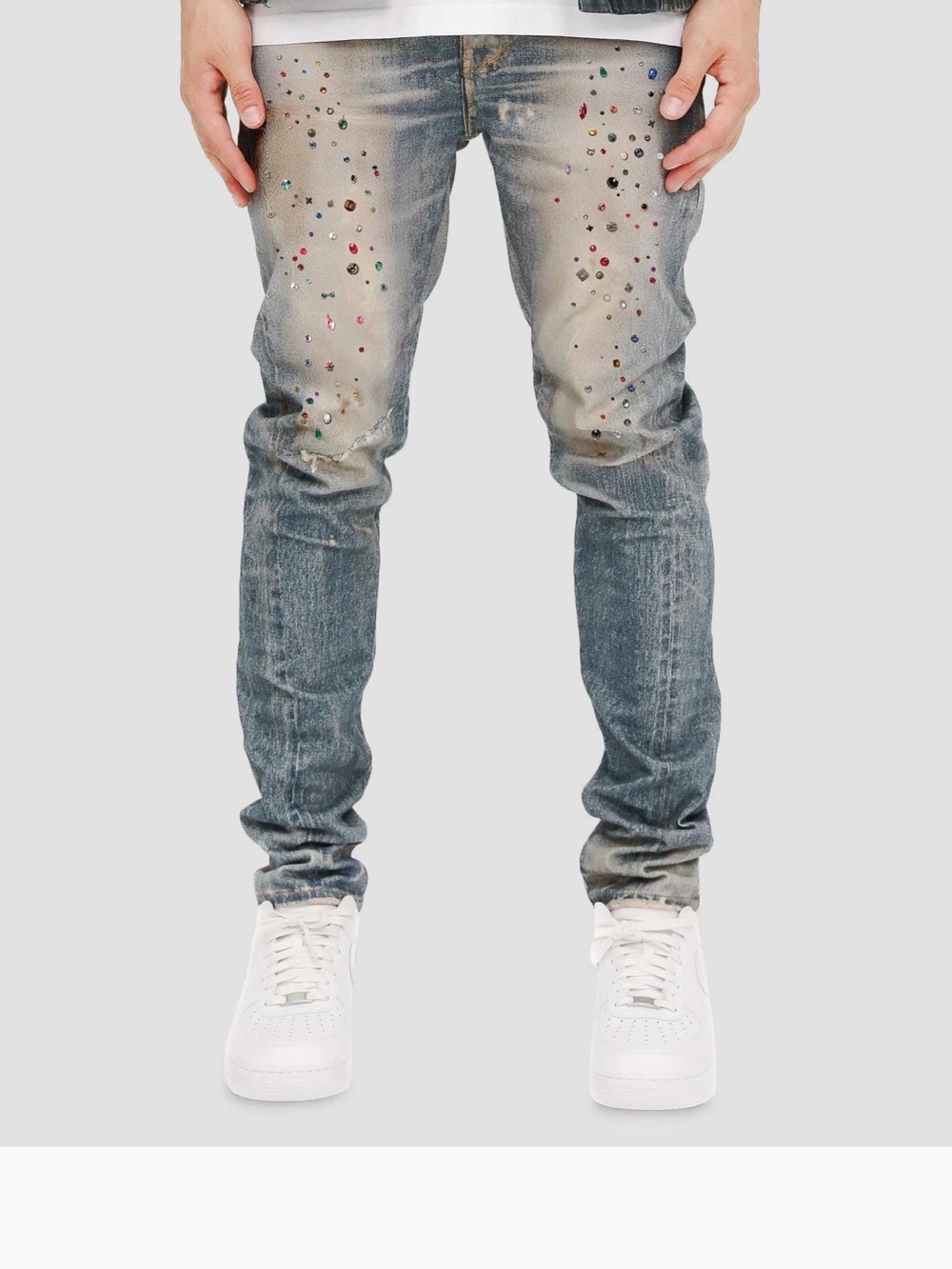 Skinny Washed Blue Jeans with Multicolor Stud Embellishments